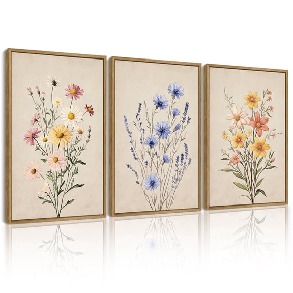 SHENIFY Wildflower Bouquet Wall Art 16x24in3pcs Natural Framed Flower Painting Modern Colorful Floral Hanging Decor for Living Room Bedroom