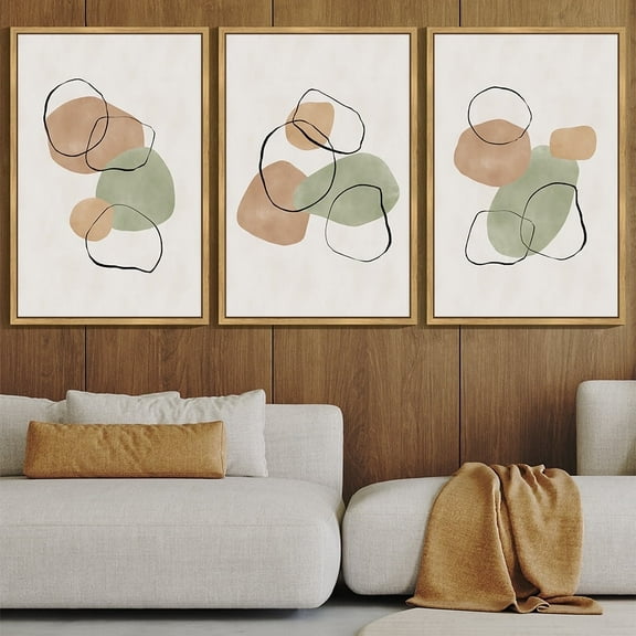 SHENIFY large 24x36in3pcs Natural Framed Abstract Wall Art Decor Colorful Geometric Ring Grid Lines Shapes Drawings Modern Art Decorative Ready To Hang