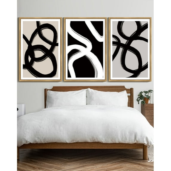 SHENIFY large 24x36in3pcs Natural Framed Black Abstract Wall Art Decor Duotone Minimal Dark Brush Stroke Prints Shapes Illustrations Modern Art Decorative Ready To Hang