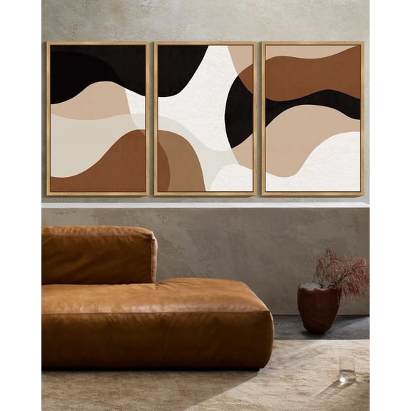 SHENIFY Large 24x36in3pcs Natural Framed Black Abstract Wall Art Decor Minimalist Geometry Prints Shapes Illustrations Modern Art Decorative Ready to Hang
