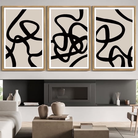 SHENIFY large 24x36in3pcs Natural Framed Black Lines Abstract Wall Art Ink Wash Minimalist Canvas Painting Artwork