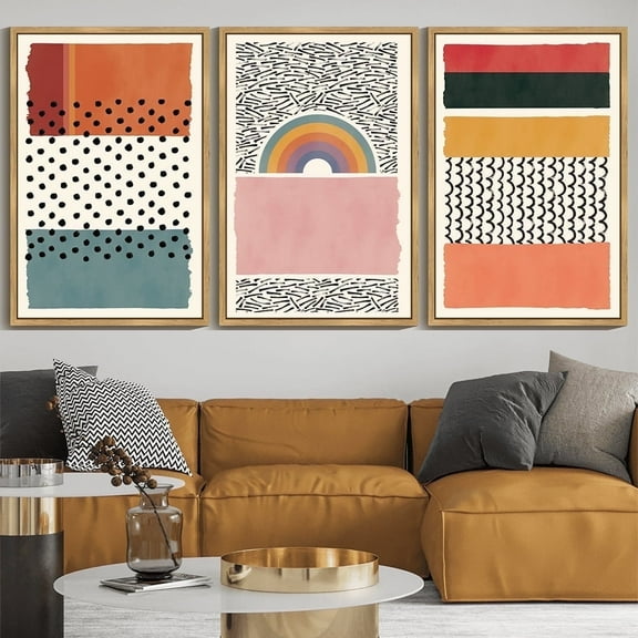 SHENIFY large 24x36in3pcs Natural Framed Boho Abstract Wall Art Mid-Century Color Block Shape Illustrations Modern Minimalist Painting Decorative Artwork