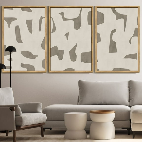 SHENIFY large 24x36in3pcs Natural Framed Boho Abstract Wall Art Mid-Century Duotone Minimal Dark Brush Stroke Neutral Modern Minimalist Painting Decorative Artwork