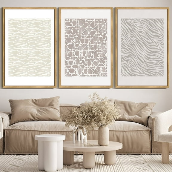 SHENIFY large 24x36in3pcs Natural Framed Boho Abstract Wall Art Mid-Century Tan Geometric Landscape Abstract Shapes Cozy Neutral Modern Minimalist Painting Decorative Artwork