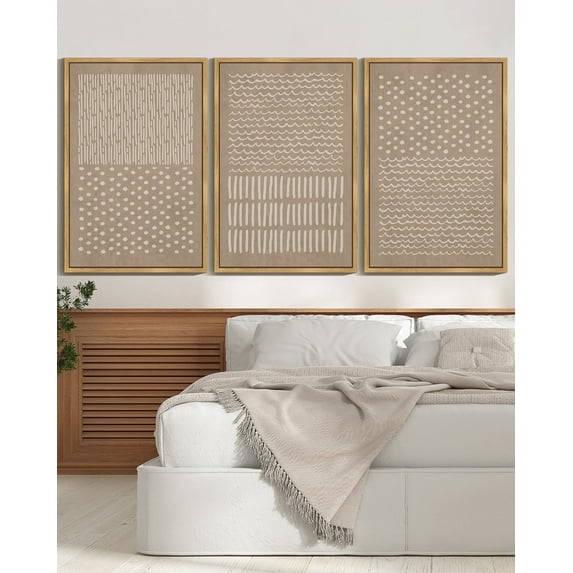 SHENIFY large 24x36in3pcs Natural Framed Boho Geometric Wall Art Mid-Century Bohemain Abstract Shape Illustration Neutral Modern Minimalist Painting Decorative Artwork