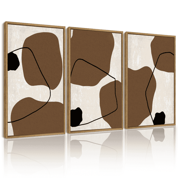 SHENIFY large 24x36in3pcs Natural Framed Boho Geometric Wall Art Mid-Century Trio of Multicolored Brown Ovals Shape Black Lines Illustration Modern Minimalist Painting Decorative Artwork