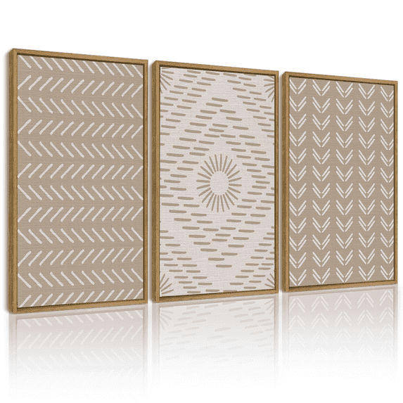 SHENIFY large 24x36in3pcs Natural Framed Boho Geometric Wall Art Mid-Century White Dot Collage Abstract Shape Illustration Neutral Modern Minimalist Painting Decorative Artwork