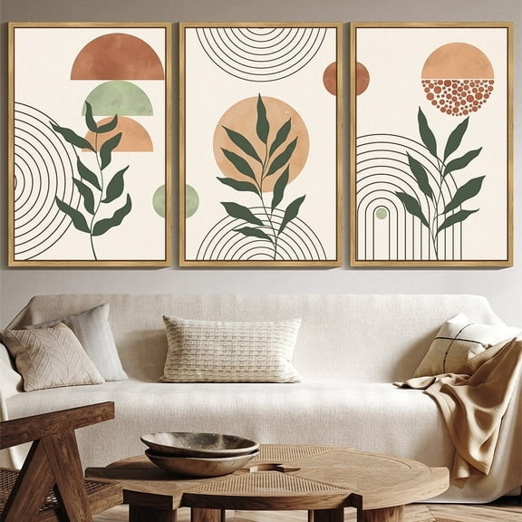 SHENIFY large 24x36in3pcs Natural Framed Boho Wall Art Sage Plant Botanical Bohemain Wall Printing Abstract Canvas Prints with Leaf & Sun Lines