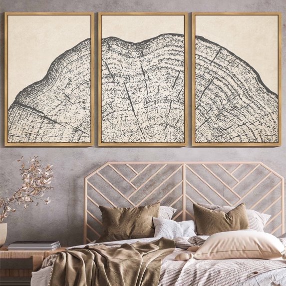 SHENIFY large 24x36in3pcs Natural Framed Farmhouse Set Gray Wood Tree Ring Spirals Nature Abstract Drawings Wall Art Vintage Rustic Modern Art Decor for Living Room Bedroom