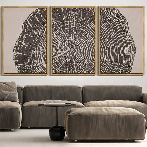 SHENIFY large 24x36in3pcs Natural Framed Farmhouse Vintage Wall Art Set Gray Wood Tree Ring Spirals Nature Abstract Drawings Rustic Modern Art Decor for Living Room Bedroom