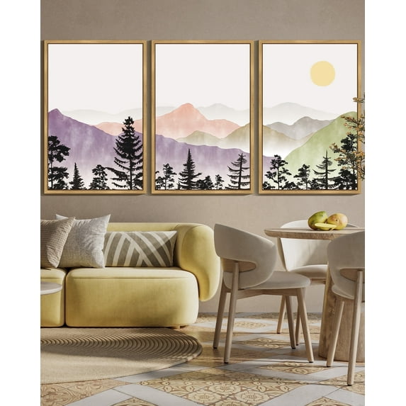SHENIFY large 24x36in3pcs Natural Framed Landscape Mountain Wall Art Set Watercolor Sunrise Pine Tree Forest Nature Scenry Wilderness Farmhouse Rustic Modern Art Decorative