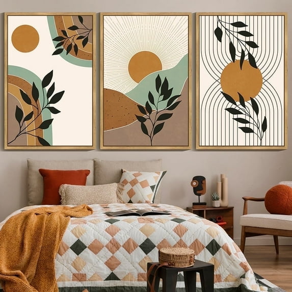 SHENIFY large 24x36in3pcs Natural Framed Sage Plant Botanical Wall Printing Boho Wall Art Minimalist Bohemain Abstract Canvas Prints with Leaf & Sun Lines