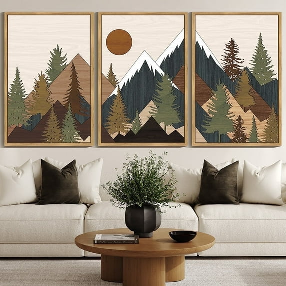 SHENIFY large 24x36in3pcs Natural Framed Set Sunrise Pine Tree Forest Nature Scenry Wilderness Landscape Mountain Wall Art Farmhouse Rustic Modern Art Decorative for Living Room Bedroom
