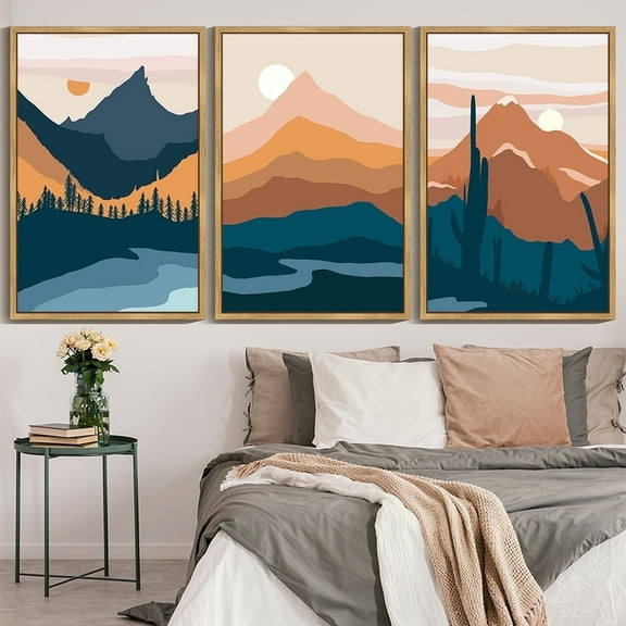SHENIFY large 24x36in3pcs Natural Framed Set Watercolor Mountain Range Boho Landscape Wall Art Forest Nature Wilderness Farmhouse Rustic Modern Art Decorative for Living Room Bedroom