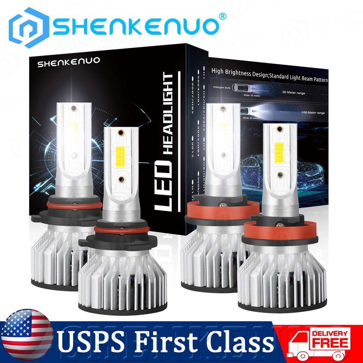 SHENKENUO H11/H8/H9 Low Beam 9005/HB3 High Beam LED Headlight Bulbs Combo,  Super Bright LED Headlights Conversion Kits 6500K Cool White, Pack of 4 
