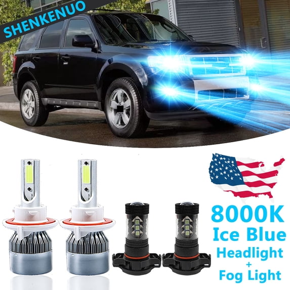 SHENKENUO for Ford Escape 2008-2012 - 4PC LED Headlights + Fog Light Bulbs Kit GJ,8000K Ice Blue,H13 9008 + 5202,C01