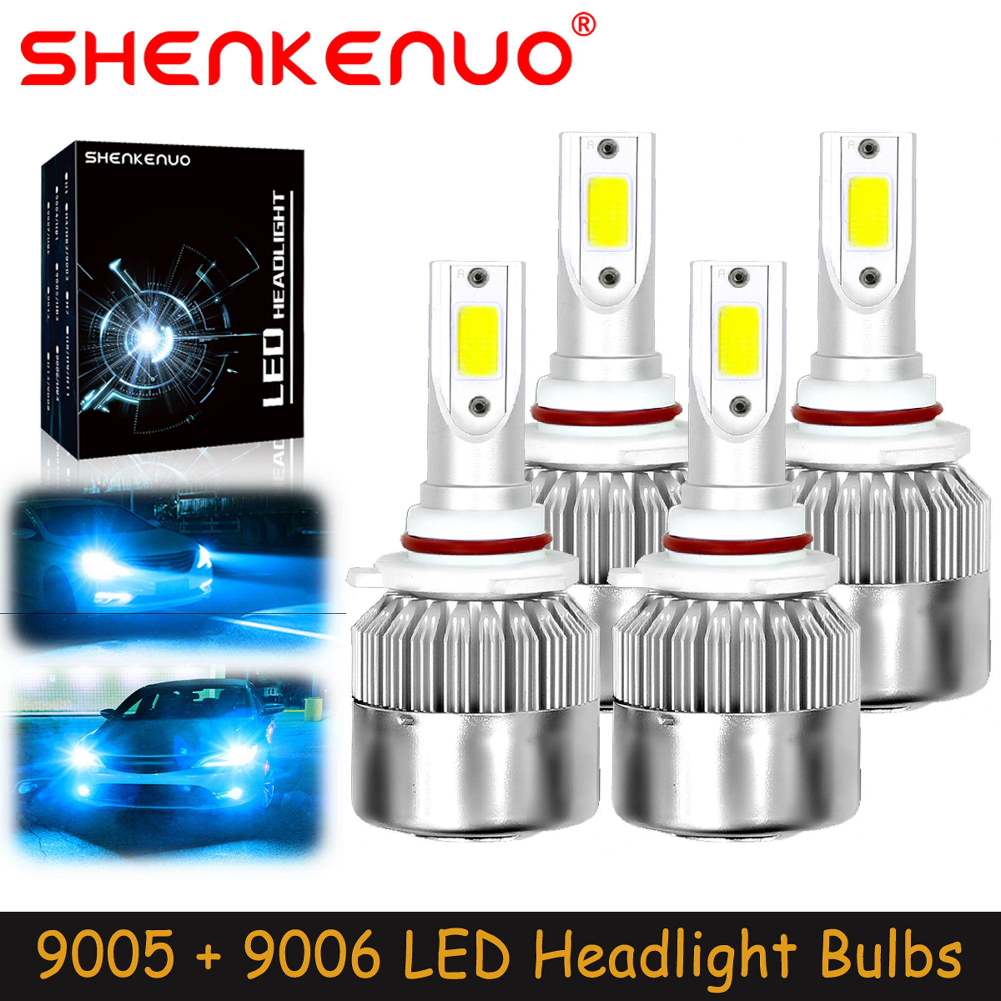 SHENKENUO for GMC Sierra 1500 2500 HD 1995-2006 Combo LED Headlights Bulbs  High Low Beam,9005+9006,8000K Ice Blue,Pack of 4,C14