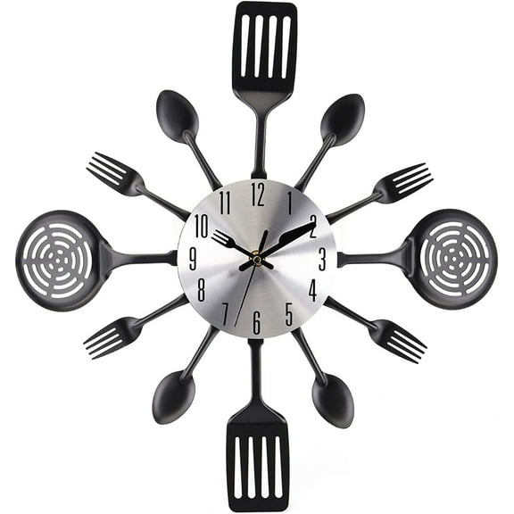 SHENSHA 16" Kitchen Wall Clock, Large Kitchen Cutlery Wall Clock with Spoons and Forks, 3D Removable Modern Creative Wall Decal Wall Sticker Room Home Decoration