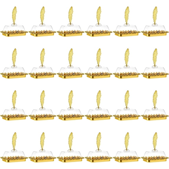 SHENSHA Set of 24 Mini Rectangular Cake Tray, Cake Plate Dish with Clear Cover Lid and Gold Feather Decoration, Plastic Cake Plate Stand for Birthday, Wedding, Holiday Party Supplies