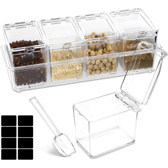 SHENSHATYY 4 Pieces Seasoning Organizer Box, Clear Spice Pots Condiment Containers with Lids Spoons and Labels, Storage Container Spice Jar for Salt Sugar Tea Herbal Coffee Beans
