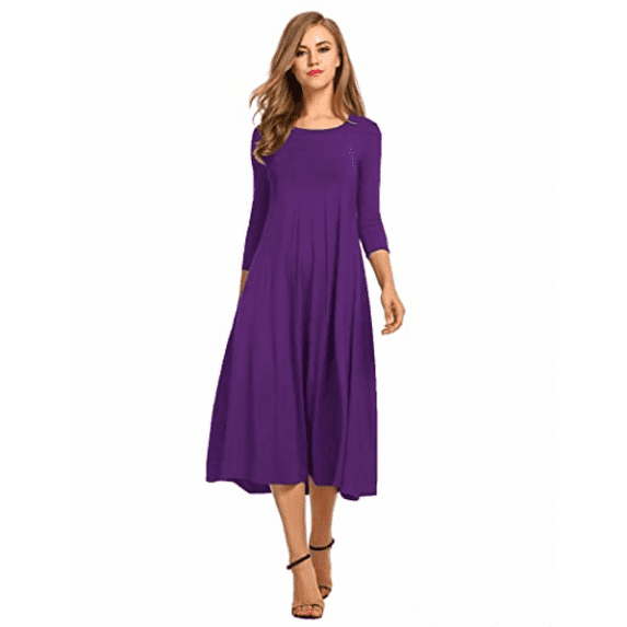 SHEOWO Mid Sleeve Solid Color Women' S Fall Round Neck Solid Color Swing Skirt Casual Swing Half Sleeve Dress Plus Size