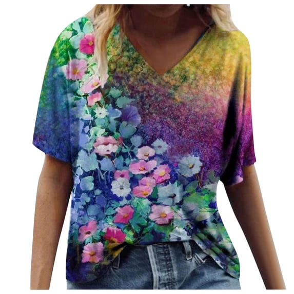 SHEOWO Plus Size T-Shirts for Women Casual Womens Summer Tops Flower Print V Neck Short Sleeve Loose Tee for Daily Wear
