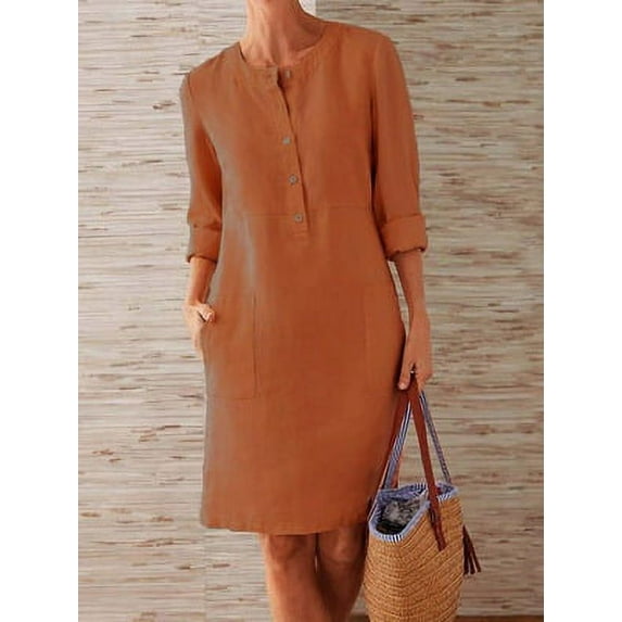 SHEOWO Women Autumn Cotton Linen Fashion Button O-Neck Long Sleeve Pocket Solid Dresses