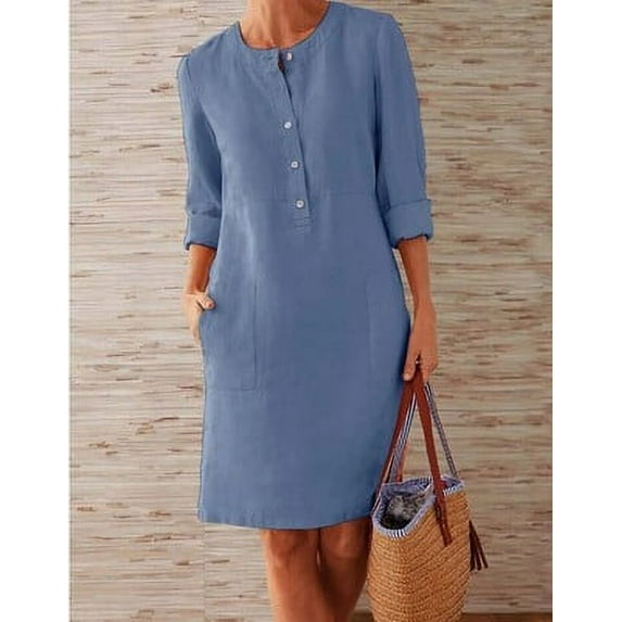 SHEOWO Women Autumn Cotton Linen Fashion Button O-Neck Long Sleeve Pocket Solid Dresses