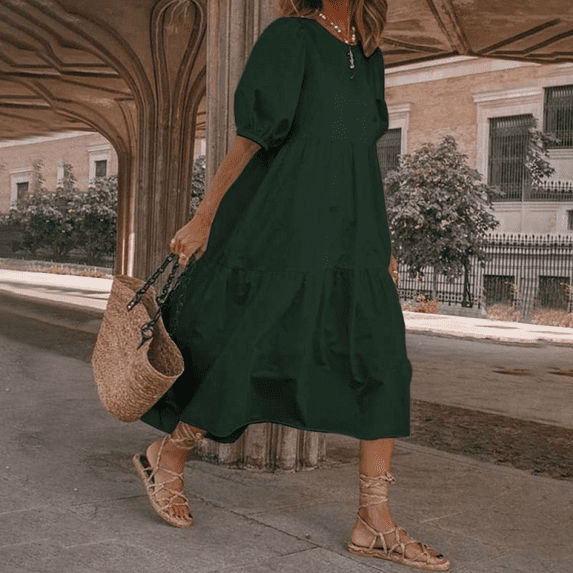 SHEOWO Women Autumn O-neck Pure Color Pendulum Dress Casual Swing Half Sleeve Dress Plus Size New Vintage Summer Dress