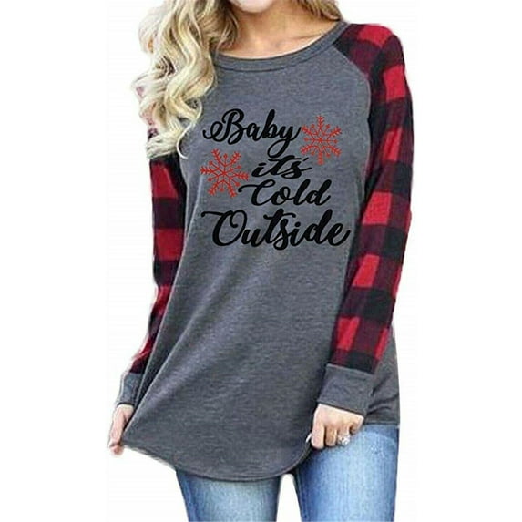 SHEOWO Women Merry Christmas Tree Car Plaid Tee Raglan Top Casual T-Shirt