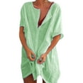thumbnail image 1 of SHEOWO Women Plus Size Dress Henley Neck Short Sleeve Summer Dress Casual Solid Color Loose Button Up Above-Knee Mini Dress, 1 of 6