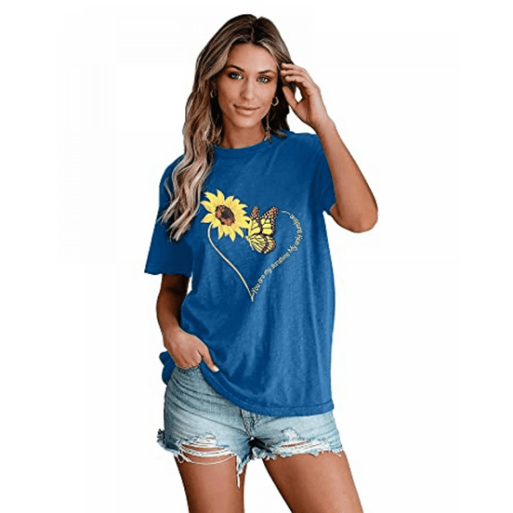 SHEOWO Women's Short Sleeve Crew Neck Lined Sunflower Graphic Print Casual T Shirts Women's Tops Plus Size European Women's Clothing
