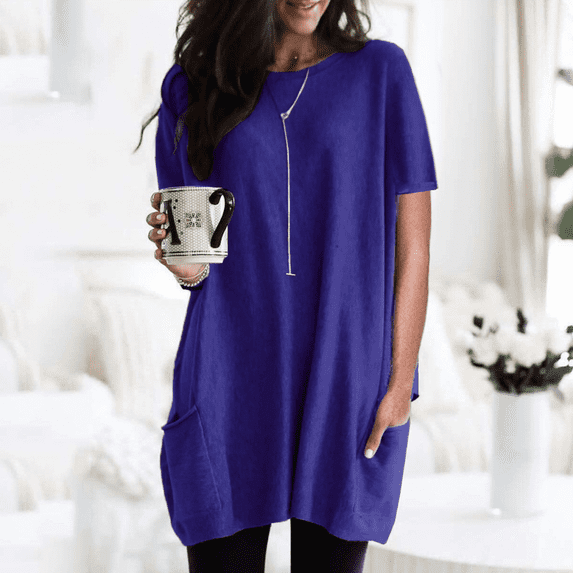 SHEOWO Womens Solid Color Short Sleeves Round Neck Oversized Shirt High Low Blouse Tunic Tops Casual Pocket T-shirt Blouse