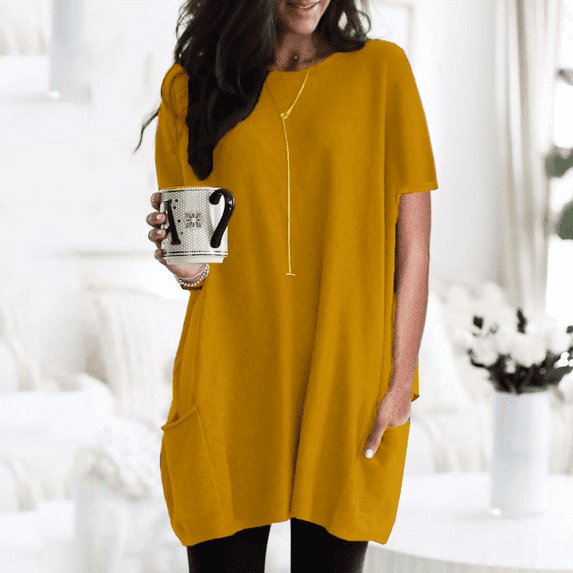 SHEOWO Womens Solid Color Short Sleeves Round Neck Oversized Shirt High Low Blouse Tunic Tops Casual Pocket T-shirt Blouse
