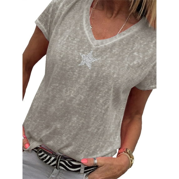 SHEOWO Womens Tops Casual V Neck Short Sleeve Women Plus Size T-Shirt Print Loose Summer Tops for Women