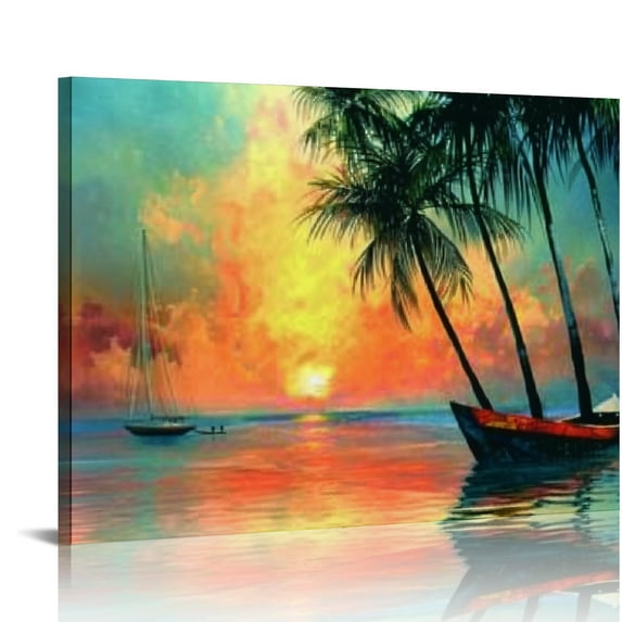 SHERONV Abstract Coastal Wall Art Ocean Bath Wall Decoration Sunset Beach Pictures Natural Palm Tree Seascape Painting Living room, bedroom, home décor art 20x16in