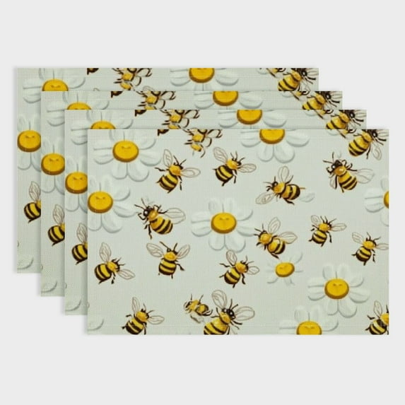 SHERONV Bees Placemats Set of 4 Kids Cartoon Animal Placemats for Dining Table Indoor Outdoor Kitchen Honeycomb Table Mats Placemat Farmhouse Decor Table Place Mats Room Decorations White 18x12in