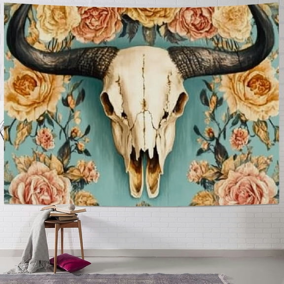 SHERONV Bull Skull Flowers Roses Tapestry Wall Hanging Art Decor 40x30inch