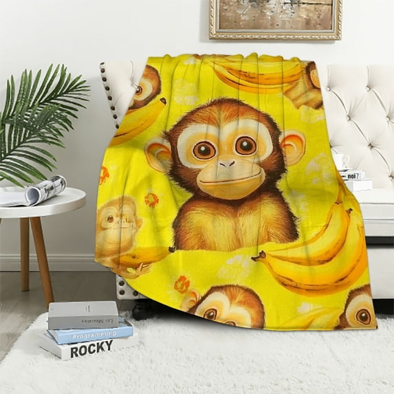 SHERONV Cute Monkey Throw Blanket,Cartoon Banana Stars Print Fleece Blanket,Tropical Wild Animals Fruit Blankets for Kids Girls Boys Teens Room Decor,Yellow Sherpa Blanket,for Chair/Sofa, 40x50in