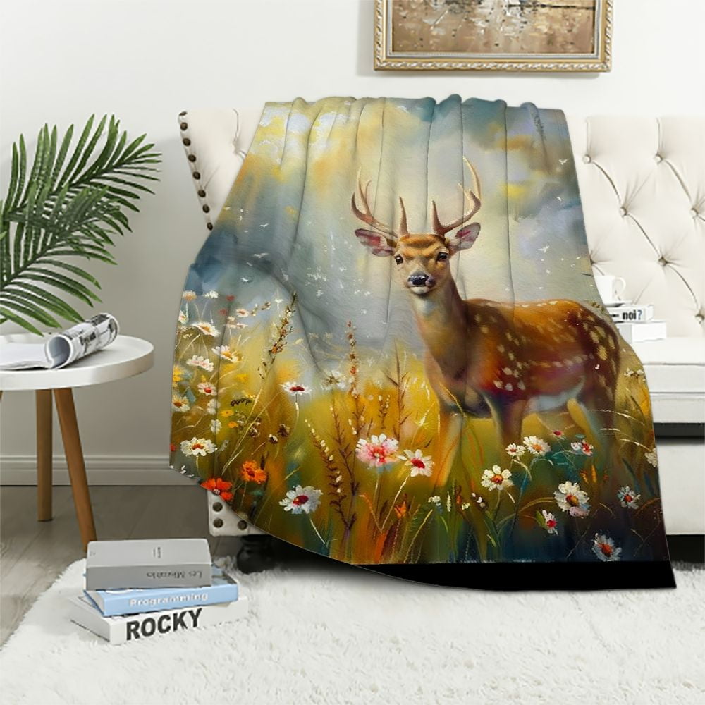 SHERONV Deer Flowers Sunbeam Warm Lightweight Blanket Soft Fleece Blankets All Seasons, Perfect for Living Rooms Sofa Decor, Cow Gifts, Flannel Material Blanket 40x50in