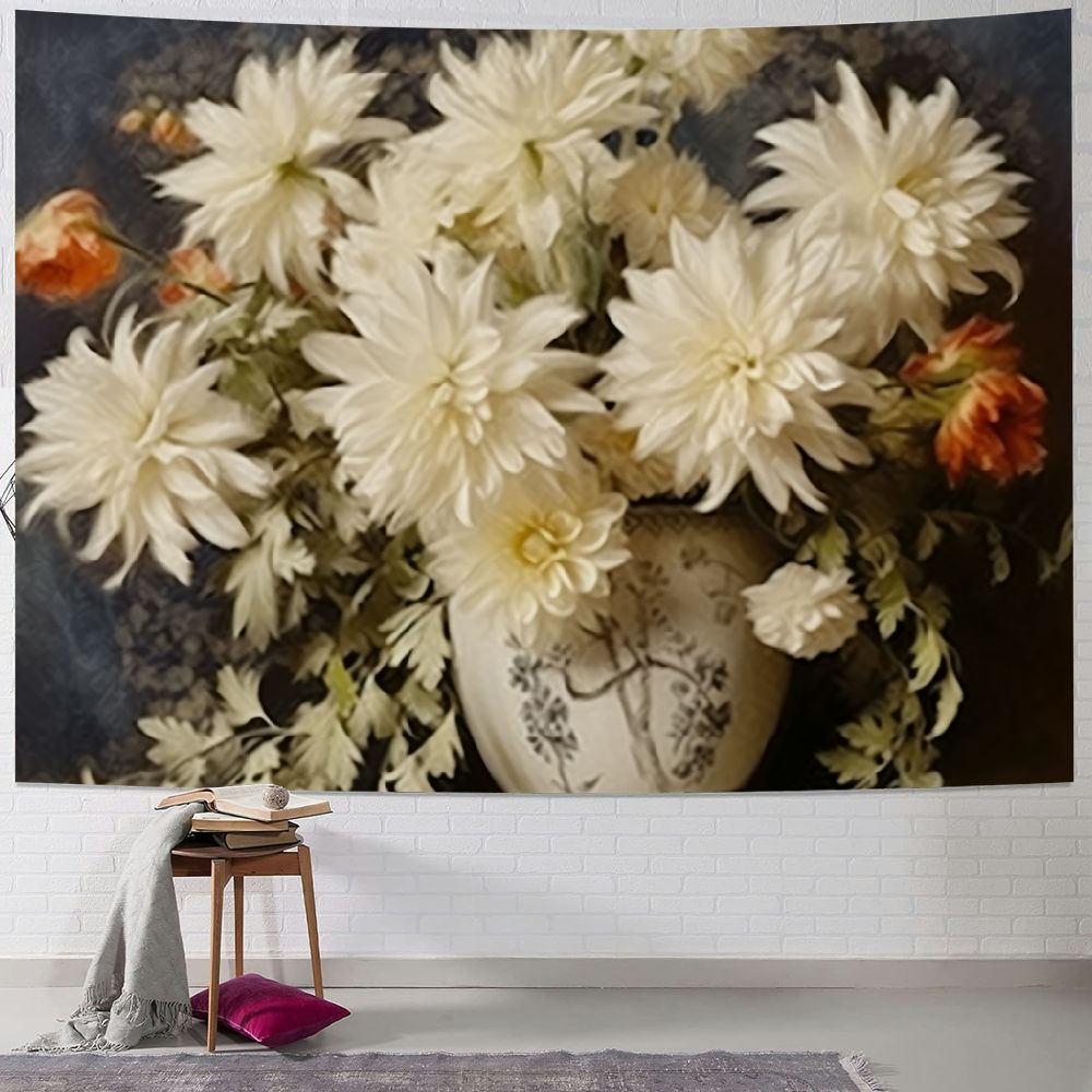 Tenture Murale Vintage – Broderie Au Point De Croix, Bouquet De Fleurs, Encadrée