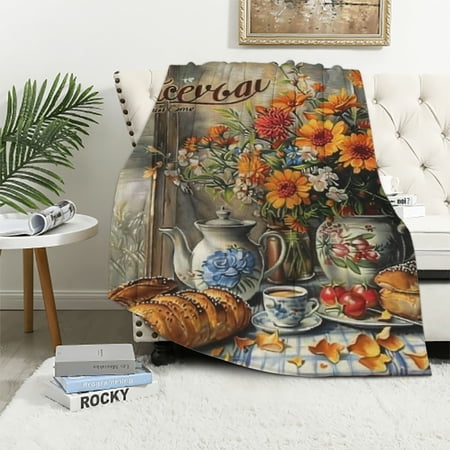 SHERONV Flowers Bread Tea Kettle Flannel Blanket Soft Fleece Blankets Throw Blanket for All Seasons Living Rooms Sofa Decor Cow Gifts Blanket 40x50in