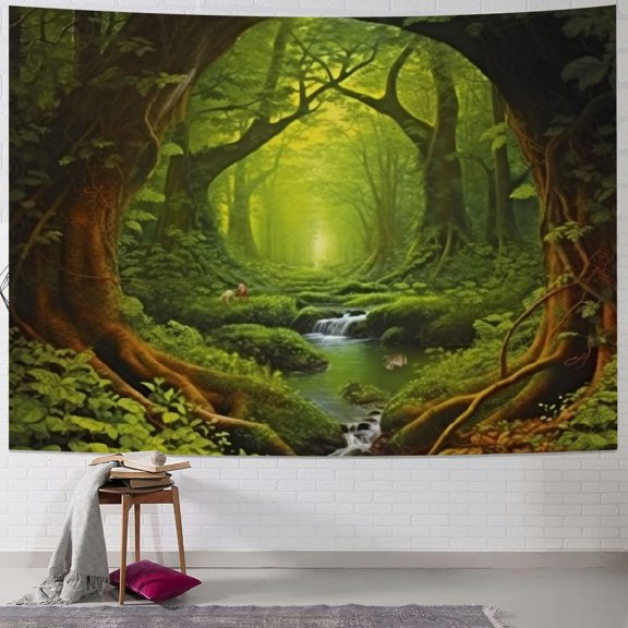 SHERONV Forest Tapestry Nature Tree Cave Tapestry Wall Hanging Misty Forest Tapestry Stream Through Rainforest Tapestry Landscape Wall Tapestry Jungle Creek Psychedelic