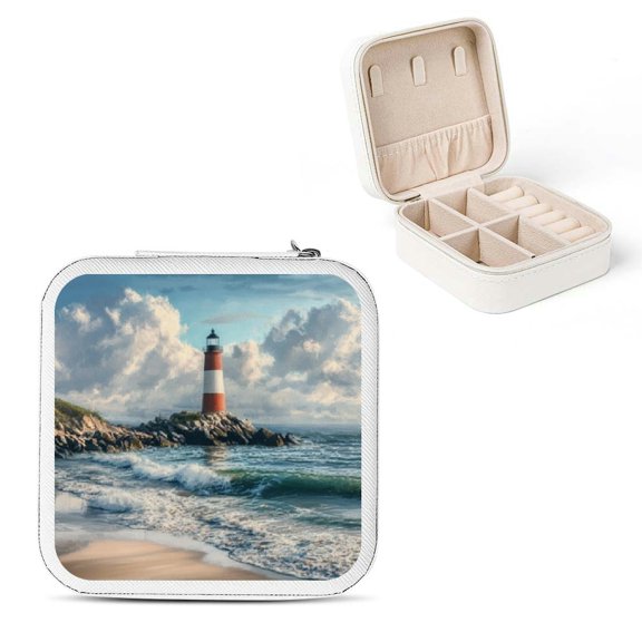 SHERONV Lighthouse Ocean Rocks Travel Jewelry Box for Necklace, Ring, Earring - Compact Size, Versatile Storage, Zipper Closure White