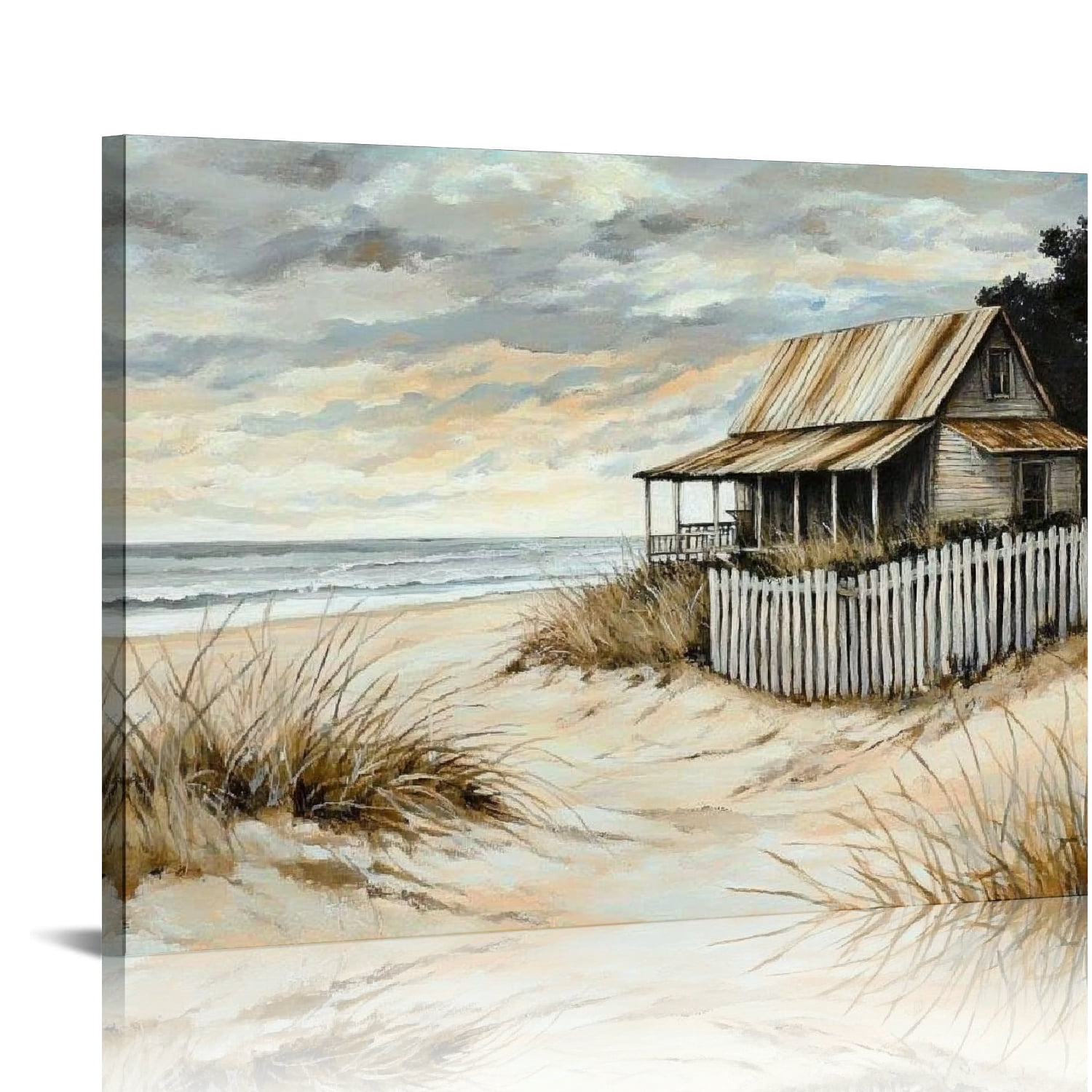 Village Coastal Wall Art Canvas Print - 20x40 Inch Framed Beach House Painting For Living Room, Bedroom, Office