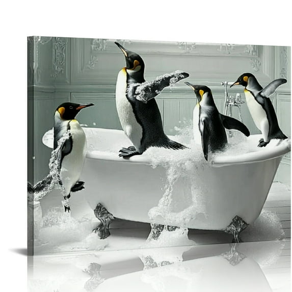SHERONV Penguins Bathtub Bathroom Canvas Art Prints Wall Decor 16x12in