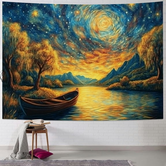 SHERONV Van Gogh Tapestry Starry Night Tapestries Abstract Art Oil Painting Tapestry Aesthetic Lake Boat Tapestry Fantasy Forest Mountain Landscape Wall Hanging for Room 60x50inch