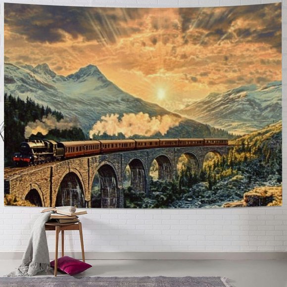 SHERONV Wizard Tapestry, Wizard Express Famous Train Landscape Glenfinnan Railway Viaduct Scotland Sunset, Wide Wall Hanging for Bedroom Living Room Dorm 40x30inch