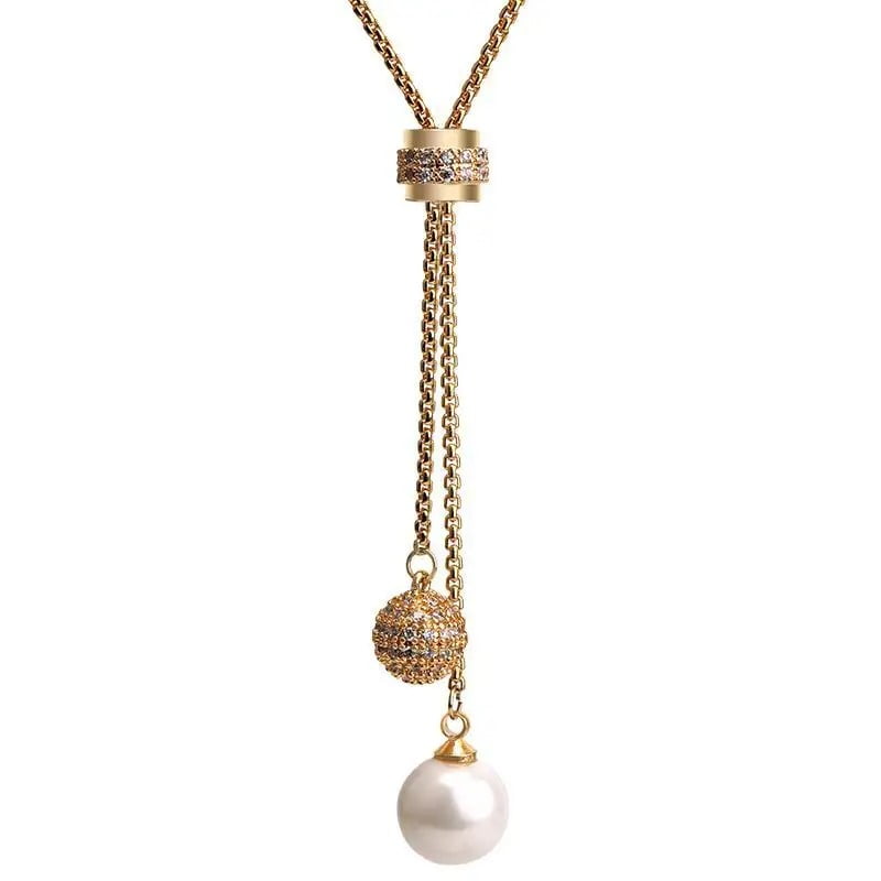 SHERRY'S JEWELS LLC 18 inch Dainty Pearl Long Pendant Lariat Y Shaped Sweater Chain Statement Necklace (GOLD)