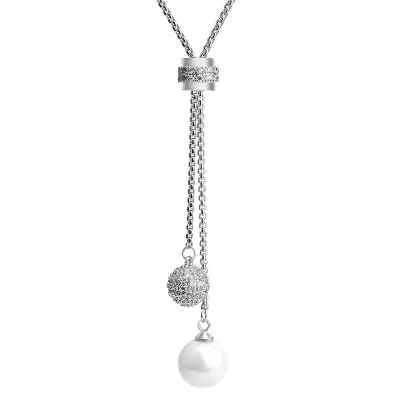 SHERRY'S JEWELS LLC 18 inch Dainty Pearl Long Pendant Lariat Y Shaped Sweater Chain Statement Necklace (SILVER)